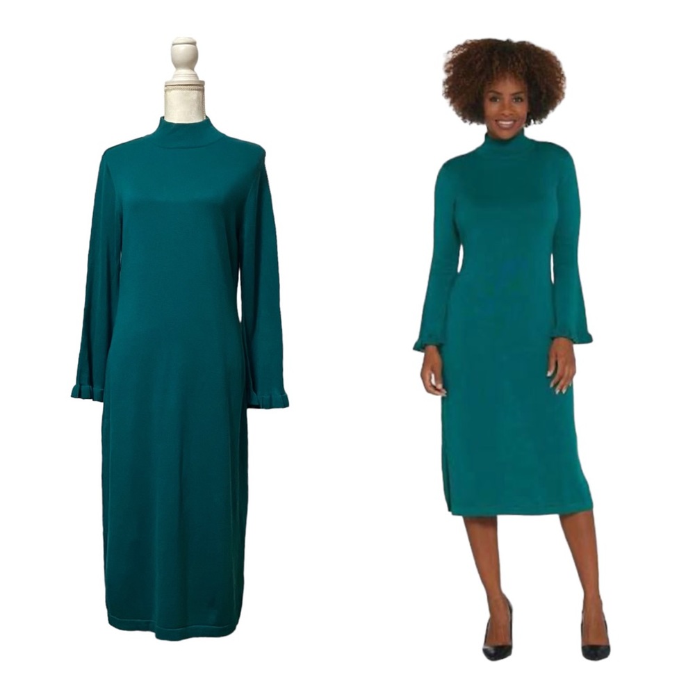 Isaac Mizrahi Teal Green Long Sleeve Mock Neck Midi Dress